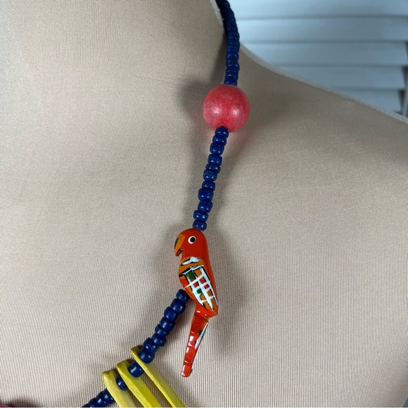 Hand-Carved Parrot Beaded Necklace Blue Tropical Boho Statement Jewelry - Picture 2 of 9